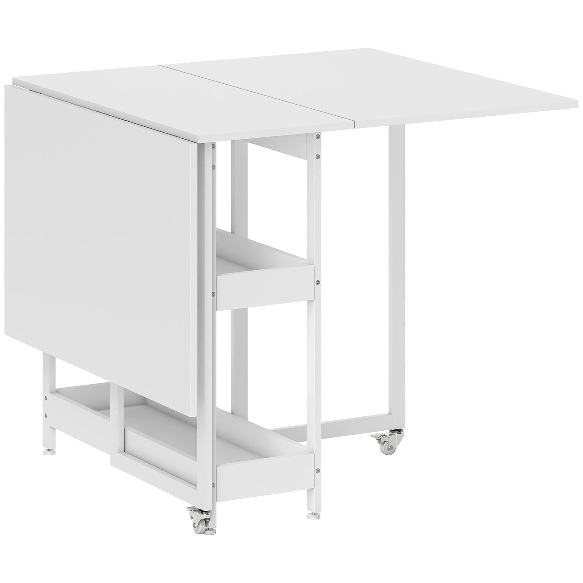 Folding Dining Table Kitchen Table for 2-4 Persons with 2 Open Shelves, Dining Table Folding Table with Wheels for Small Spaces, Dining Room, Kitchen 133.4 x 80 x 75 cm White