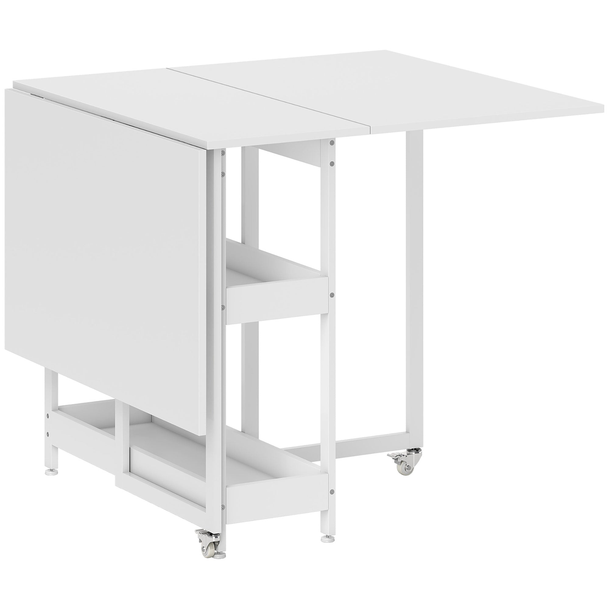 Folding Dining Table Kitchen Table for 2-4 Persons with 2 Open Shelves, Dining Table Folding Table with Wheels for Small Spaces, Dining Room, Kitchen 133.4 x 80 x 75 cm White