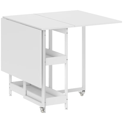 Folding Dining Table Kitchen Table for 2-4 Persons with 2 Open Shelves, Dining Table Folding Table with Wheels for Small Spaces, Dining Room, Kitchen 133.4 x 80 x 75 cm White