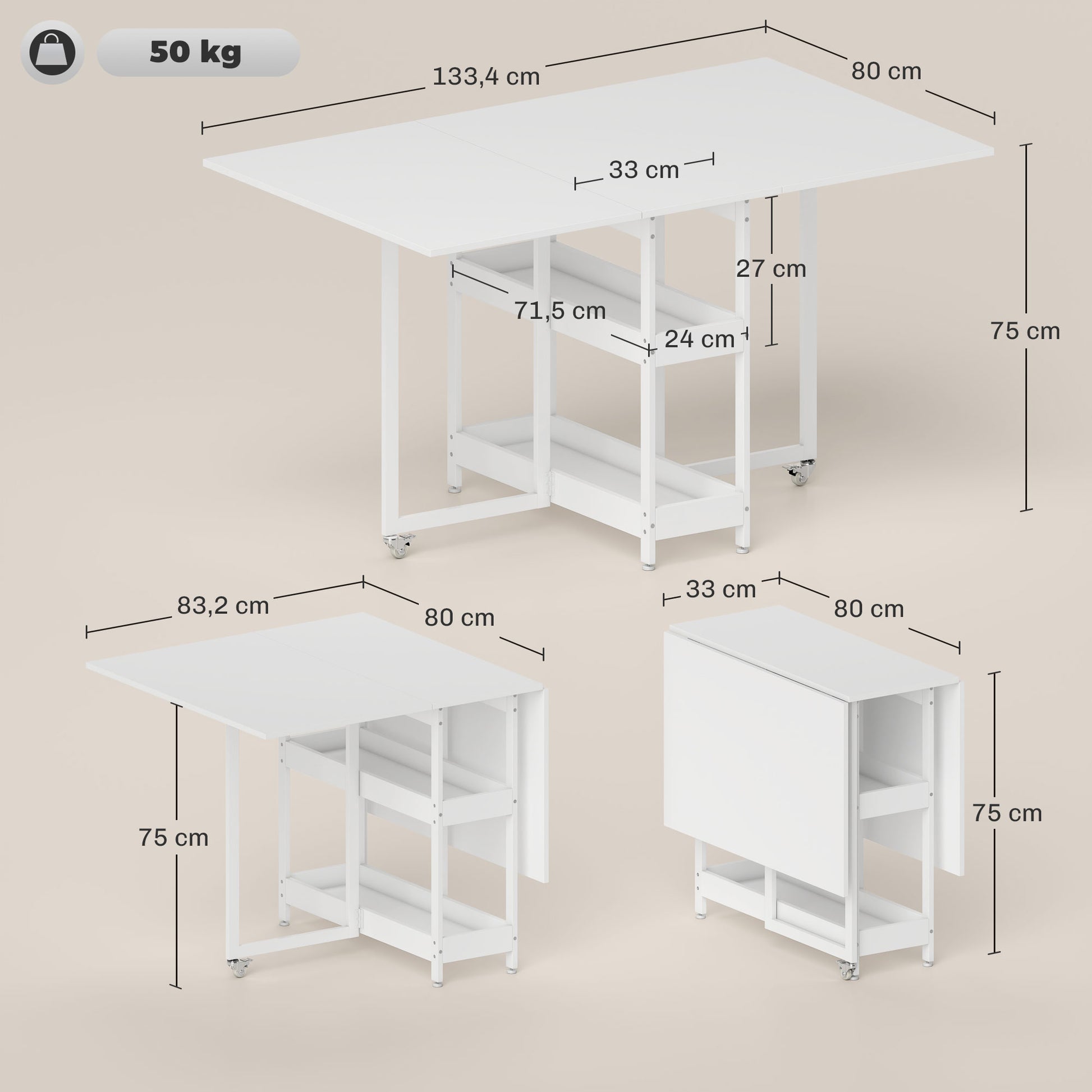 Folding Dining Table Kitchen Table for 2-4 Persons with 2 Open Shelves, Dining Table Folding Table with Wheels for Small Spaces, Dining Room, Kitchen 133.4 x 80 x 75 cm White