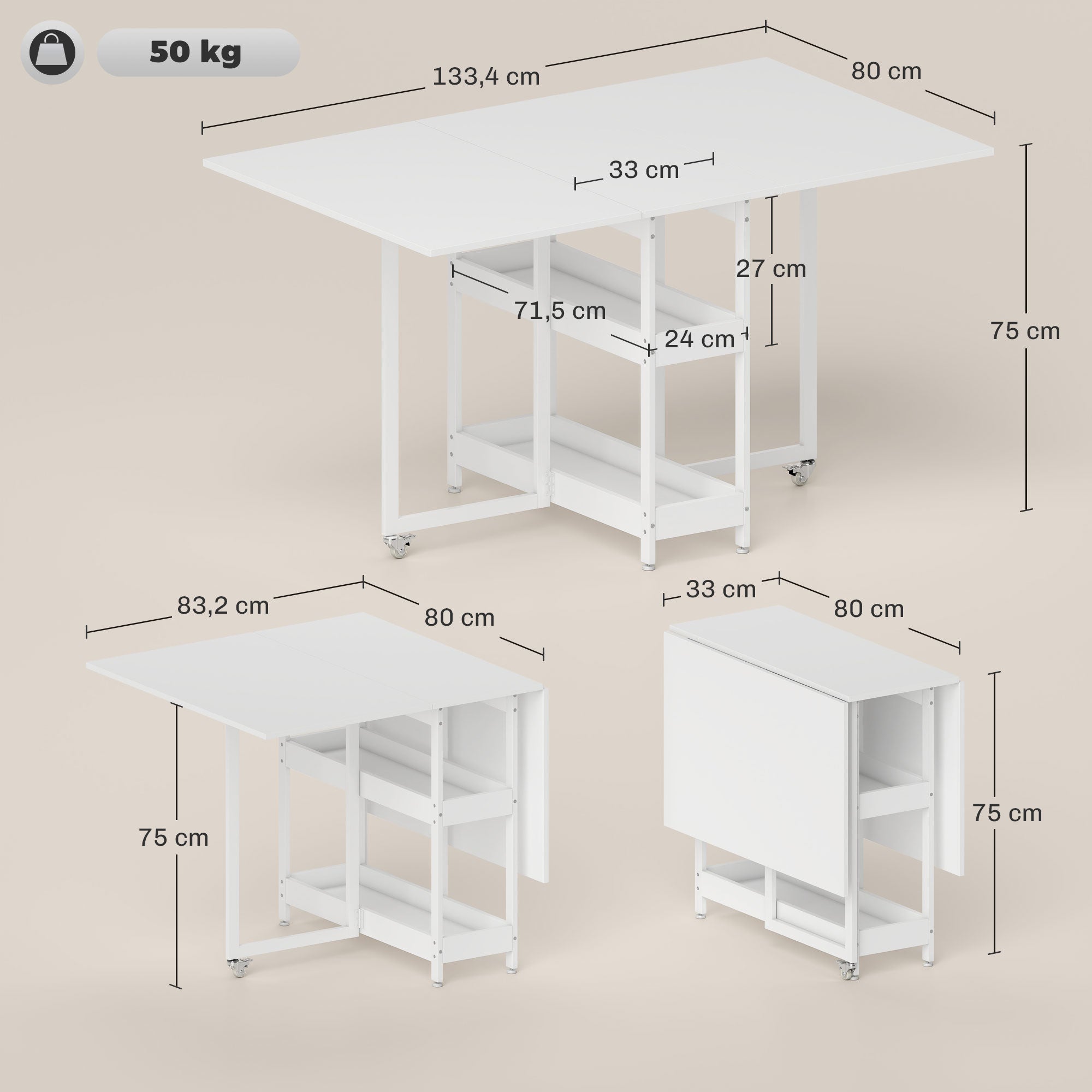 Folding Dining Table Kitchen Table for 2-4 Persons with 2 Open Shelves, Dining Table Folding Table with Wheels for Small Spaces, Dining Room, Kitchen 133.4 x 80 x 75 cm White