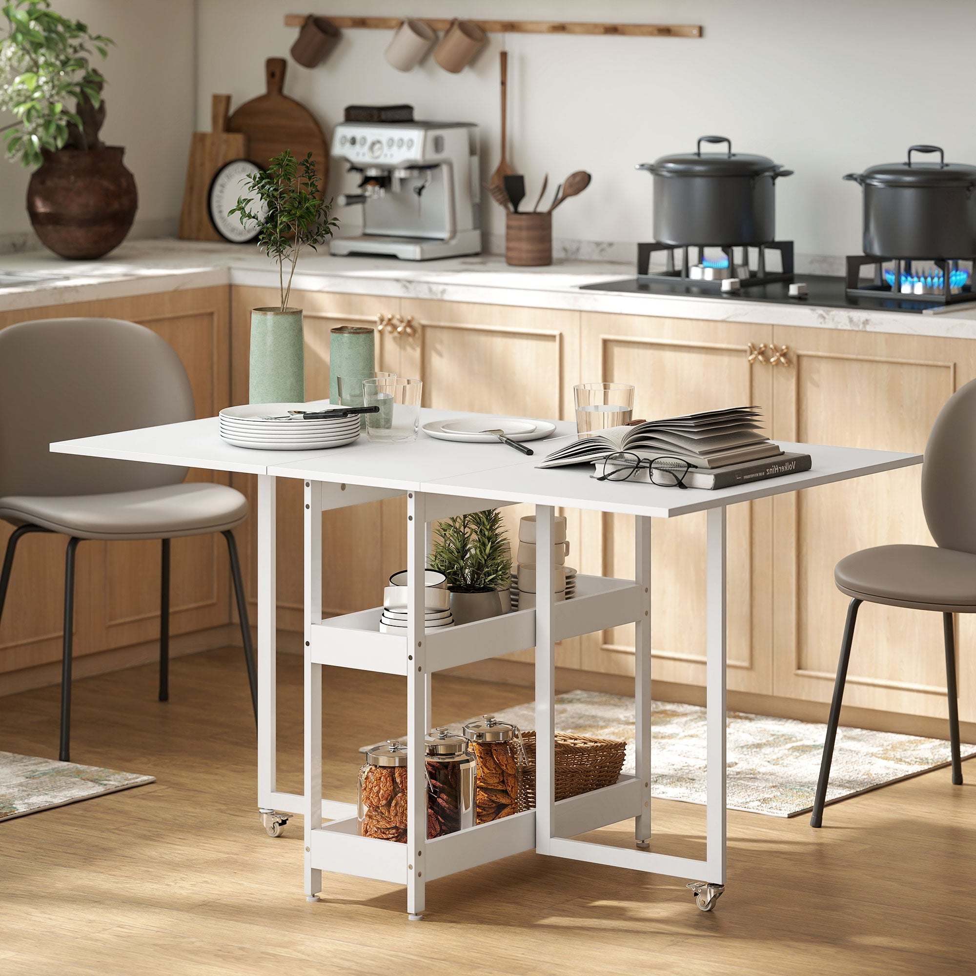 Folding Dining Table Kitchen Table for 2-4 Persons with 2 Open Shelves, Dining Table Folding Table with Wheels for Small Spaces, Dining Room, Kitchen 133.4 x 80 x 75 cm White
