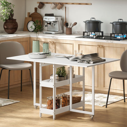 Folding Dining Table Kitchen Table for 2-4 Persons with 2 Open Shelves, Dining Table Folding Table with Wheels for Small Spaces, Dining Room, Kitchen 133.4 x 80 x 75 cm White