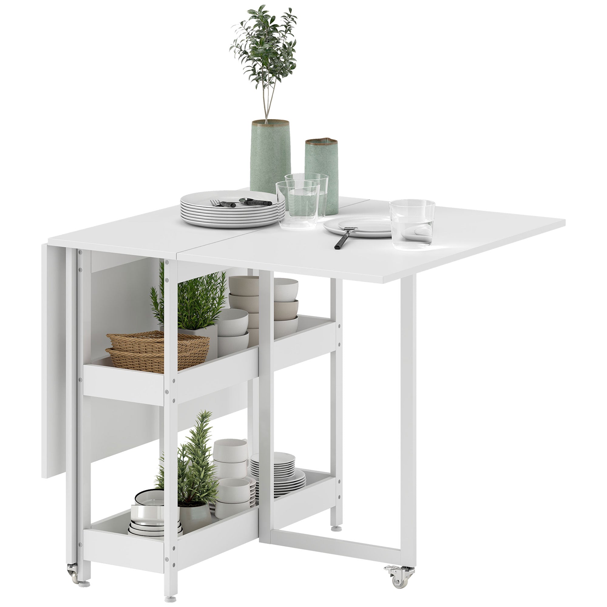 Folding Dining Table Kitchen Table for 2-4 Persons with 2 Open Shelves, Dining Table Folding Table with Wheels for Small Spaces, Dining Room, Kitchen 133.4 x 80 x 75 cm White
