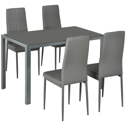 5-Piece Dining Set with 1 Dining Table and 4 Modern Chairs for Kitchen or Dining Room in Faux Leather, Metal, and Tempered Glass, Gray