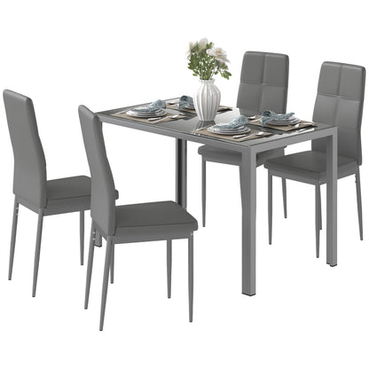 5-Piece Dining Set with 1 Dining Table and 4 Modern Chairs for Kitchen or Dining Room in Faux Leather, Metal, and Tempered Glass, Gray