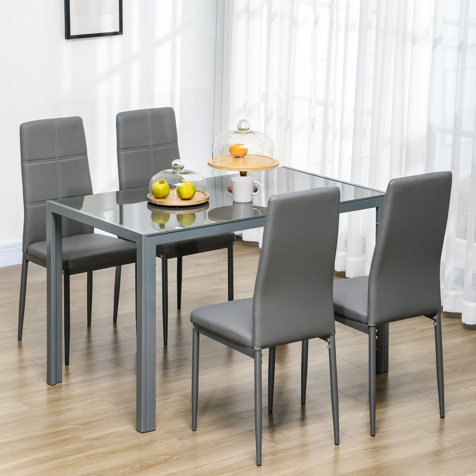 5-Piece Dining Set with 1 Dining Table and 4 Modern Chairs for Kitchen or Dining Room in Faux Leather, Metal, and Tempered Glass, Gray