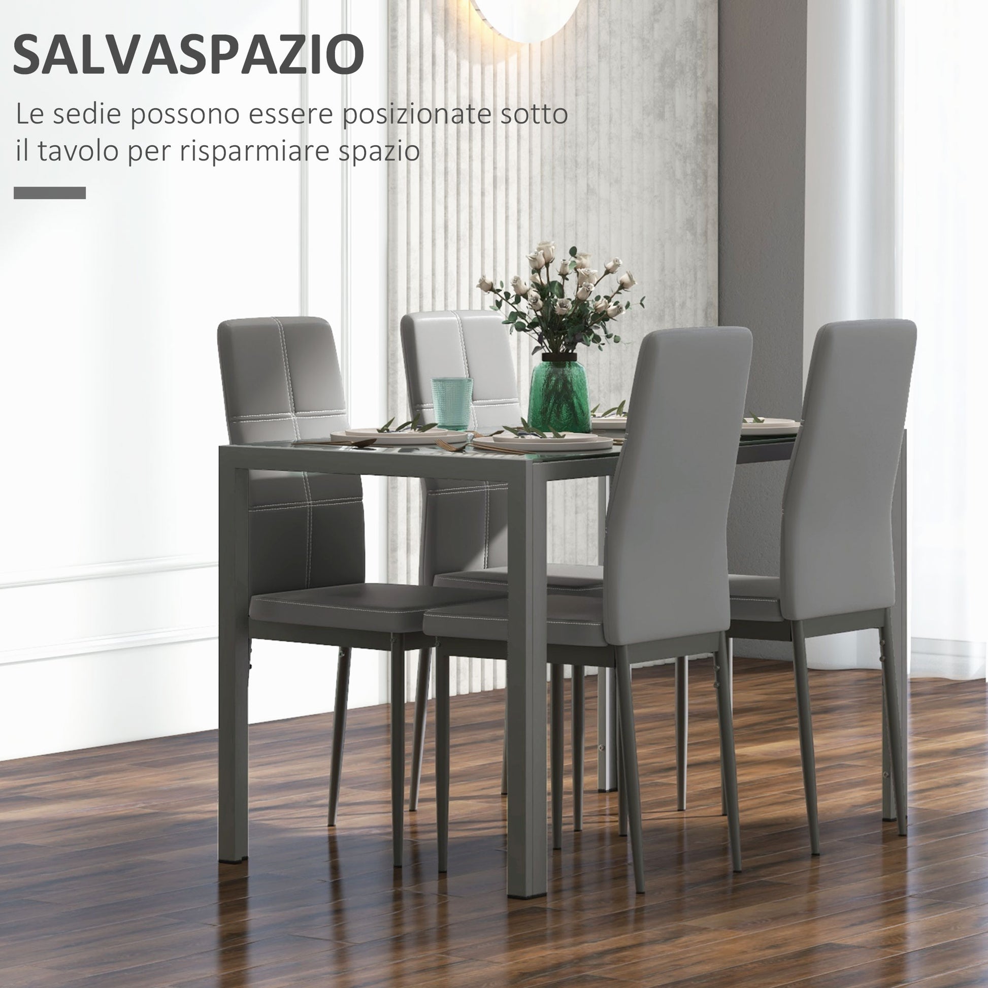 5-Piece Dining Set with 1 Dining Table and 4 Modern Chairs for Kitchen or Dining Room in Faux Leather, Metal, and Tempered Glass, Gray