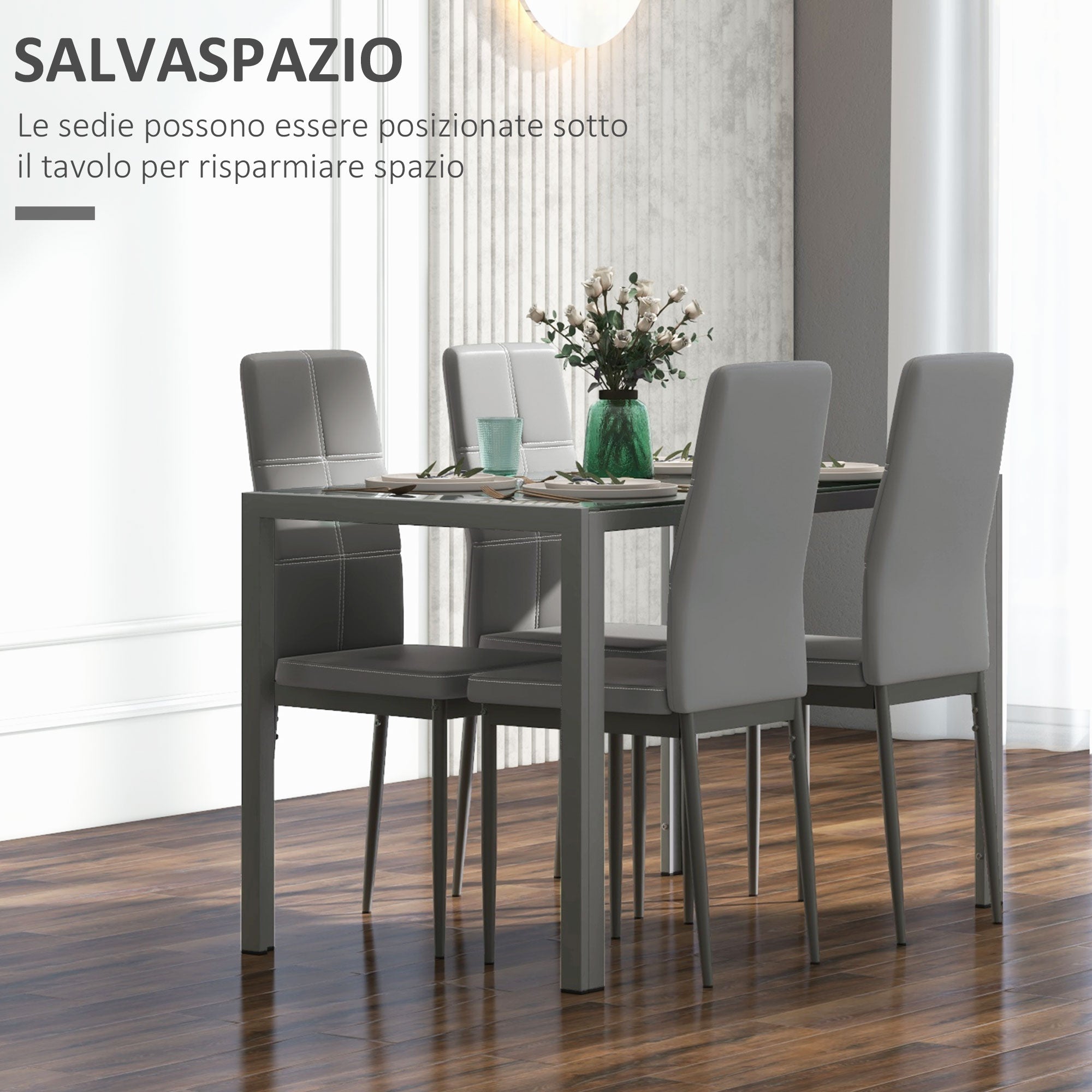 5-Piece Dining Set with 1 Dining Table and 4 Modern Chairs for Kitchen or Dining Room in Faux Leather, Metal, and Tempered Glass, Gray