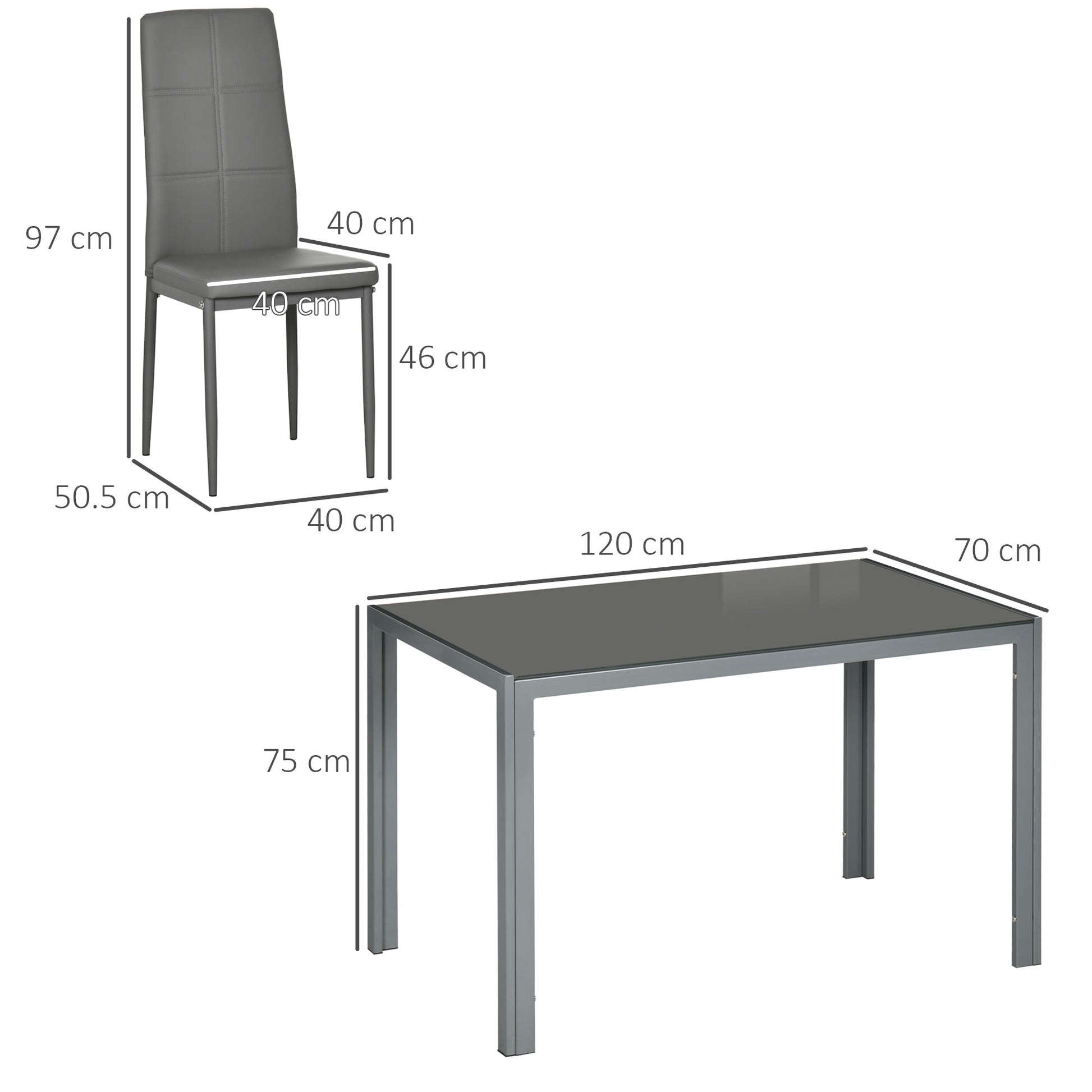 5-Piece Dining Set with 1 Dining Table and 4 Modern Chairs for Kitchen or Dining Room in Faux Leather, Metal, and Tempered Glass, Gray
