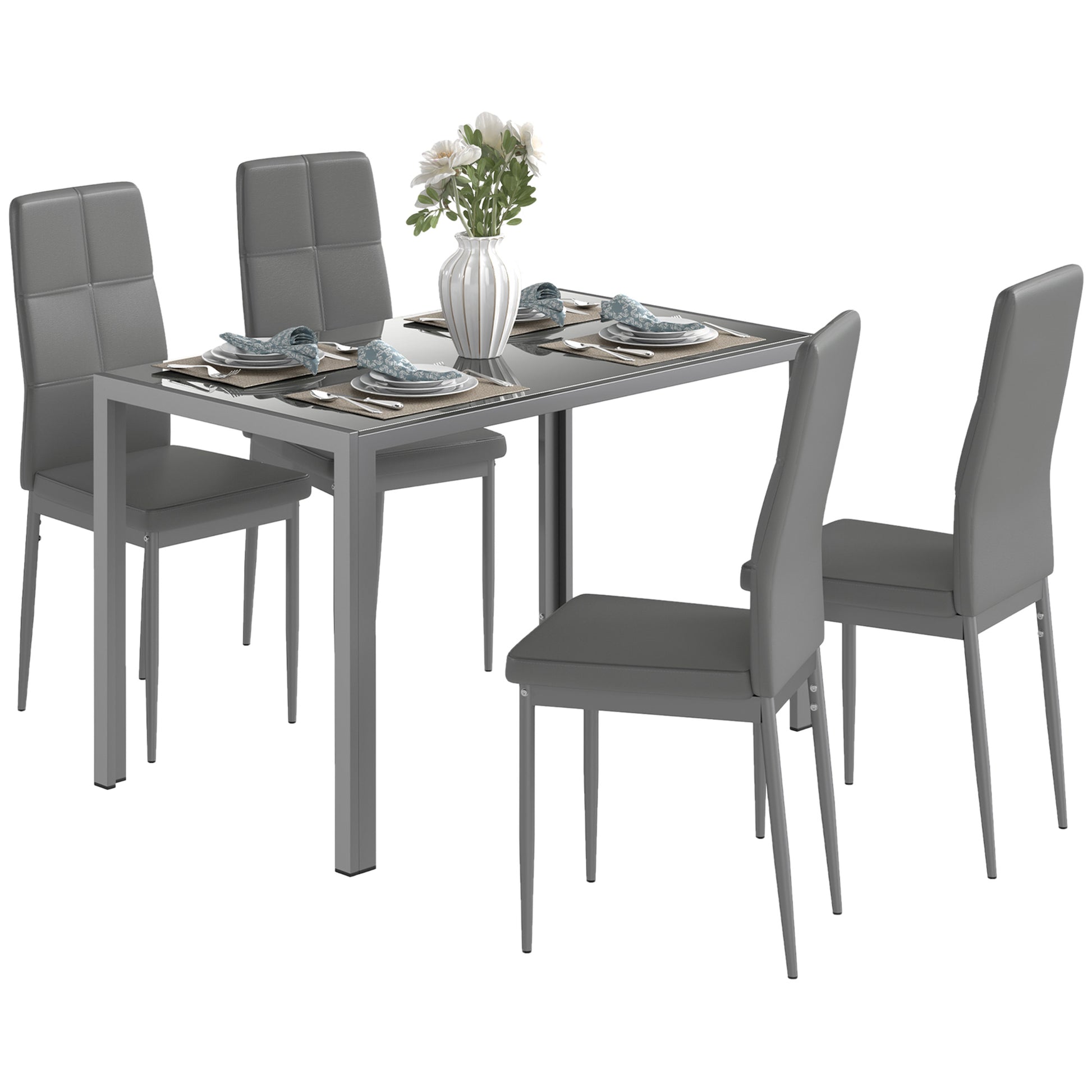 5-Piece Dining Set with 1 Dining Table and 4 Modern Chairs for Kitchen or Dining Room in Faux Leather, Metal, and Tempered Glass, Gray