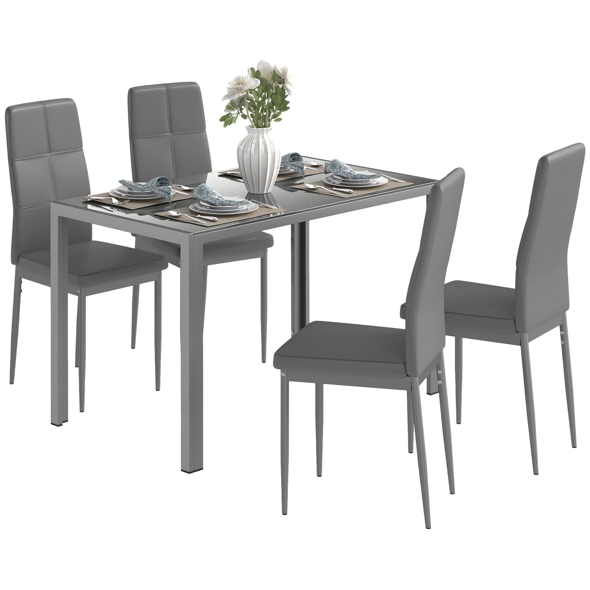 5-Piece Dining Set with 1 Dining Table and 4 Modern Chairs for Kitchen or Dining Room in Faux Leather, Metal, and Tempered Glass, Gray