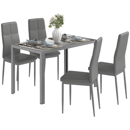 5-Piece Dining Set with 1 Dining Table and 4 Modern Chairs for Kitchen or Dining Room in Faux Leather, Metal, and Tempered Glass, Gray