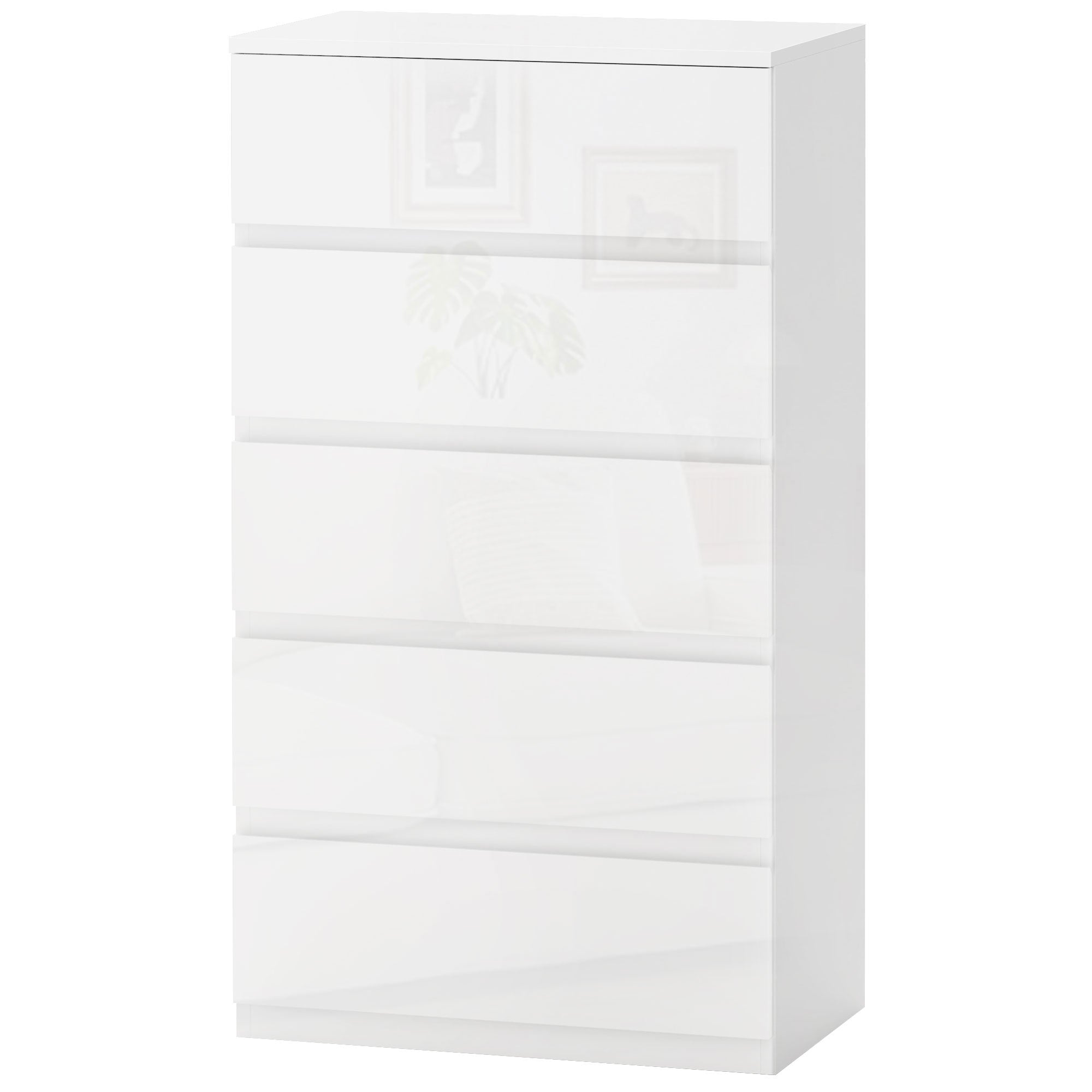 5-Drawer Chest Modern Bedroom Chest of Drawers with Anti-Tip Design Dresser for Living Room Hallway 55x33x100 cm Glossy White