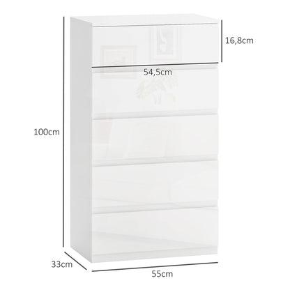 5-Drawer Chest Modern Bedroom Chest of Drawers with Anti-Tip Design Dresser for Living Room Hallway 55x33x100 cm Glossy White