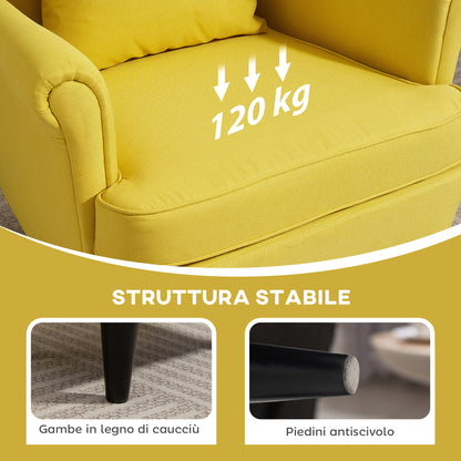 Relax Armchair with Footrest, Cushion, and High Back, Bedroom Armchair in Quilted Fabric with Wooden Legs and Armrests for Living Room and Lounge, 75x83x104 cm, Yellow