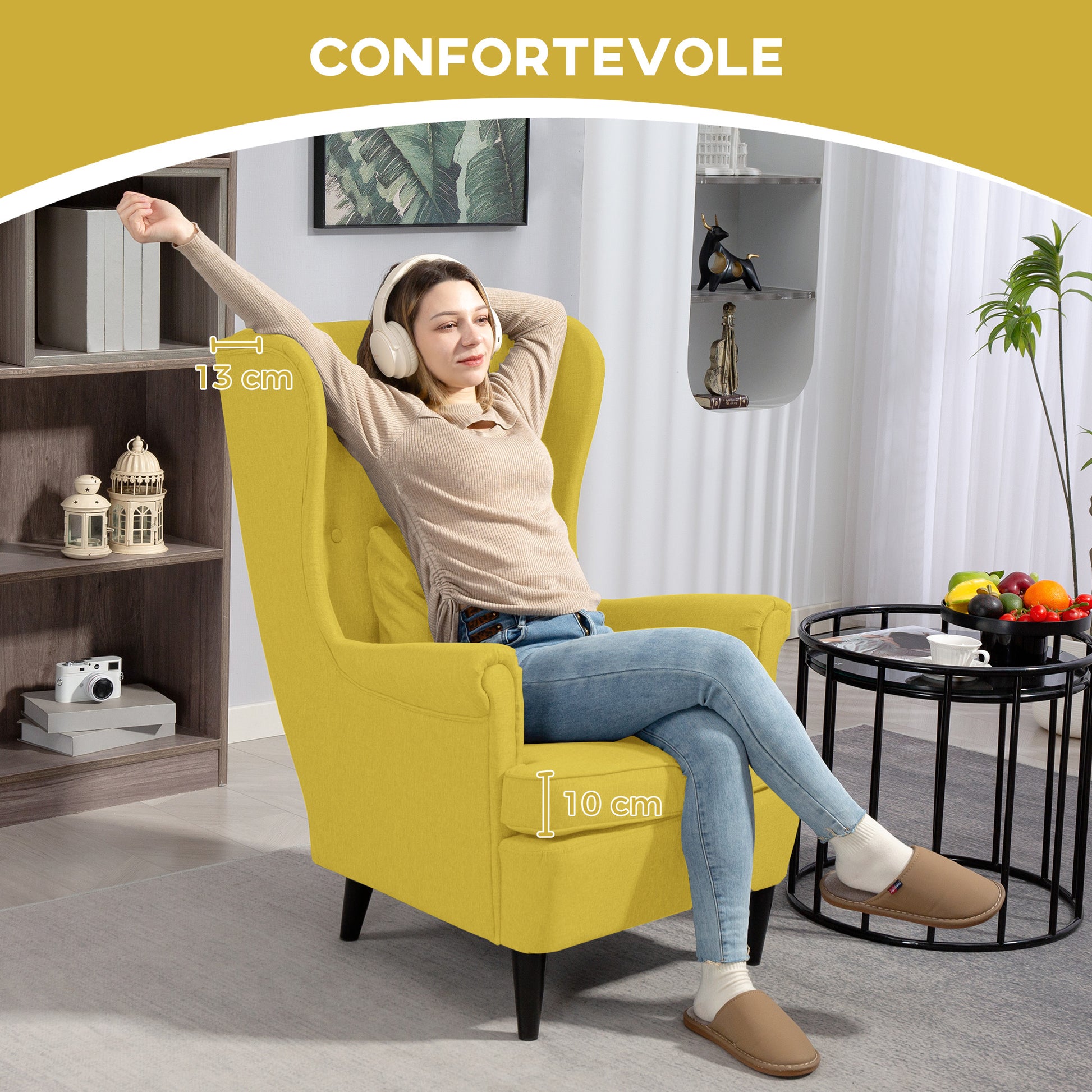 Relax Armchair with Footrest, Cushion, and High Back, Bedroom Armchair in Quilted Fabric with Wooden Legs and Armrests for Living Room and Lounge, 75x83x104 cm, Yellow