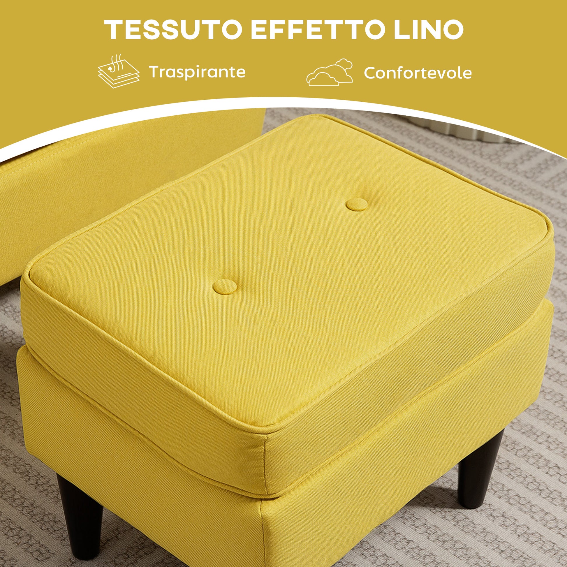 Relax Armchair with Footrest, Cushion, and High Back, Bedroom Armchair in Quilted Fabric with Wooden Legs and Armrests for Living Room and Lounge, 75x83x104 cm, Yellow