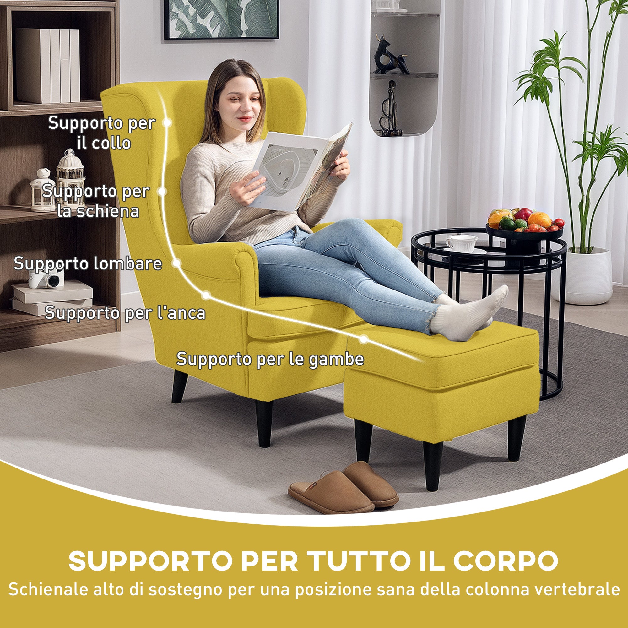 Relax Armchair with Footrest, Cushion, and High Back, Bedroom Armchair in Quilted Fabric with Wooden Legs and Armrests for Living Room and Lounge, 75x83x104 cm, Yellow