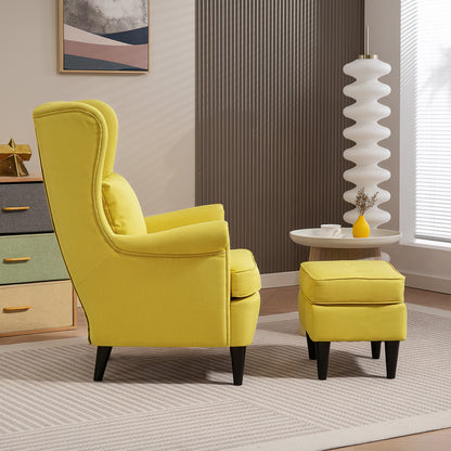 Relax Armchair with Footrest, Cushion, and High Back, Bedroom Armchair in Quilted Fabric with Wooden Legs and Armrests for Living Room and Lounge, 75x83x104 cm, Yellow