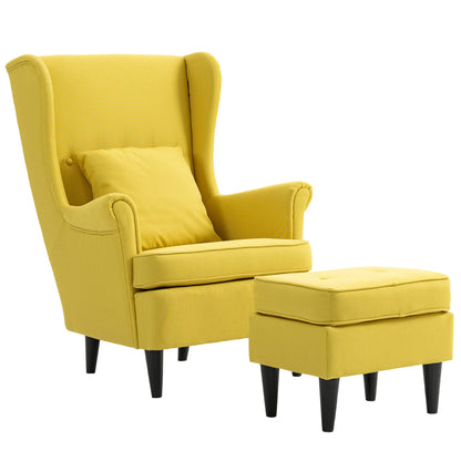 Relax Armchair with Footrest, Cushion, and High Back, Bedroom Armchair in Quilted Fabric with Wooden Legs and Armrests for Living Room and Lounge, 75x83x104 cm, Yellow