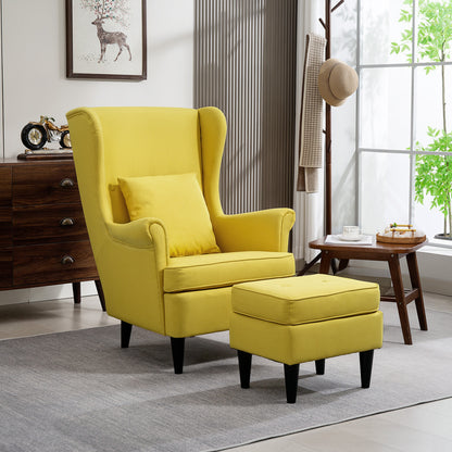 Relax Armchair with Footrest, Cushion, and High Back, Bedroom Armchair in Quilted Fabric with Wooden Legs and Armrests for Living Room and Lounge, 75x83x104 cm, Yellow