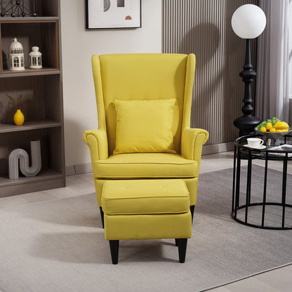 Relax Armchair with Footrest, Cushion, and High Back, Bedroom Armchair in Quilted Fabric with Wooden Legs and Armrests for Living Room and Lounge, 75x83x104 cm, Yellow