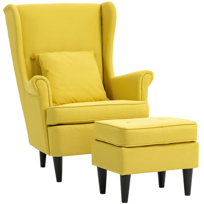Relax Armchair with Footrest, Cushion, and High Back, Bedroom Armchair in Quilted Fabric with Wooden Legs and Armrests for Living Room and Lounge, 75x83x104 cm, Yellow