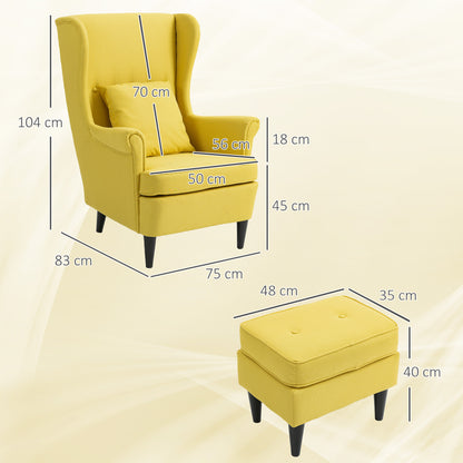 Relax Armchair with Footrest, Cushion, and High Back, Bedroom Armchair in Quilted Fabric with Wooden Legs and Armrests for Living Room and Lounge, 75x83x104 cm, Yellow