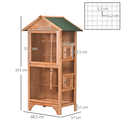 Bird Cage Aviary Wooden Birdhouse with 3 Doors 4 Perches Removable Tray and Asphalt Roof 80.5x57x153 cm Natural