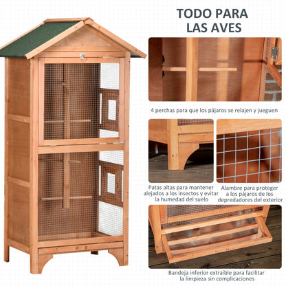 Bird Cage Aviary Wooden Birdhouse with 3 Doors 4 Perches Removable Tray and Asphalt Roof 80.5x57x153 cm Natural