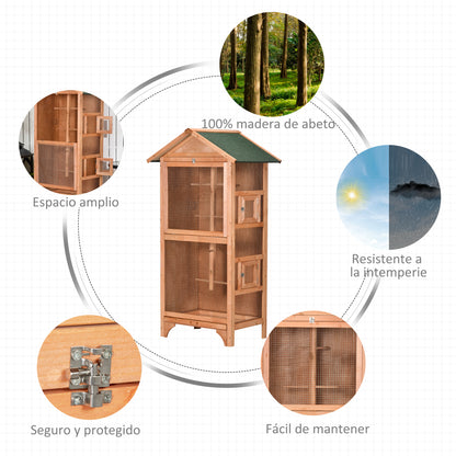 Bird Cage Aviary Wooden Birdhouse with 3 Doors 4 Perches Removable Tray and Asphalt Roof 80.5x57x153 cm Natural