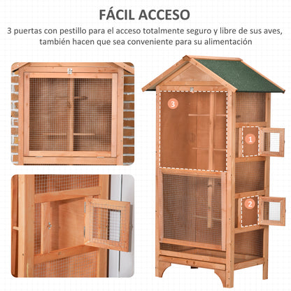 Bird Cage Aviary Wooden Birdhouse with 3 Doors 4 Perches Removable Tray and Asphalt Roof 80.5x57x153 cm Natural