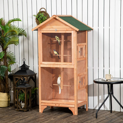Bird Cage Aviary Wooden Birdhouse with 3 Doors 4 Perches Removable Tray and Asphalt Roof 80.5x57x153 cm Natural