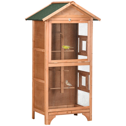 Bird Cage Aviary Wooden Birdhouse with 3 Doors 4 Perches Removable Tray and Asphalt Roof 80.5x57x153 cm Natural