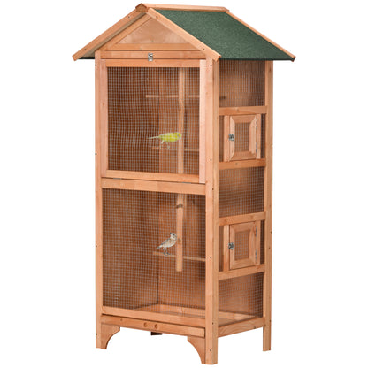 Bird Cage Aviary Wooden Birdhouse with 3 Doors 4 Perches Removable Tray and Asphalt Roof 80.5x57x153 cm Natural
