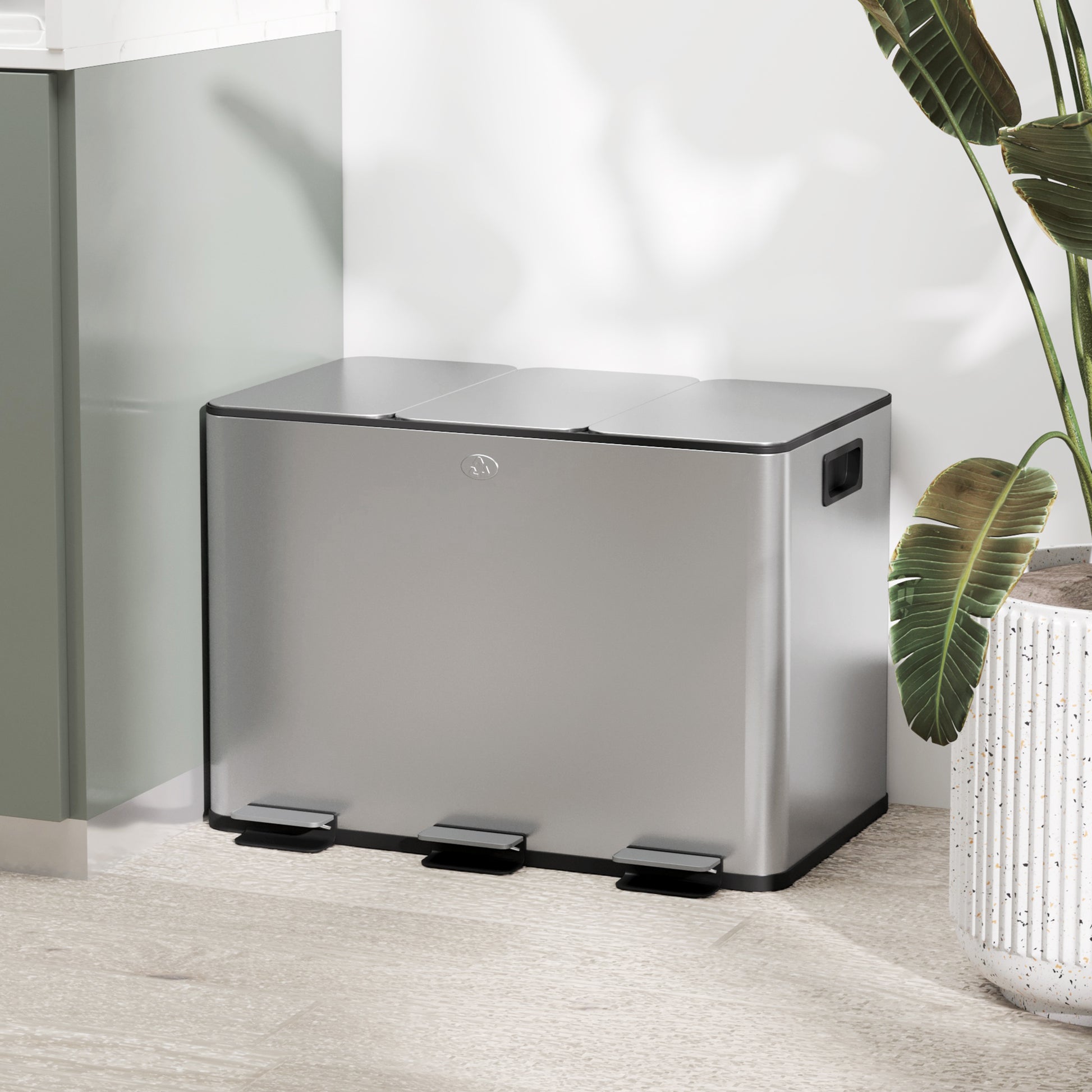Kitchen Trash Can with 3 Compartments 3x10L Stainless Steel Kitchen Bin with Soft-Close Lids and Removable Bins for Recycling Waste Food Scraps Silver
