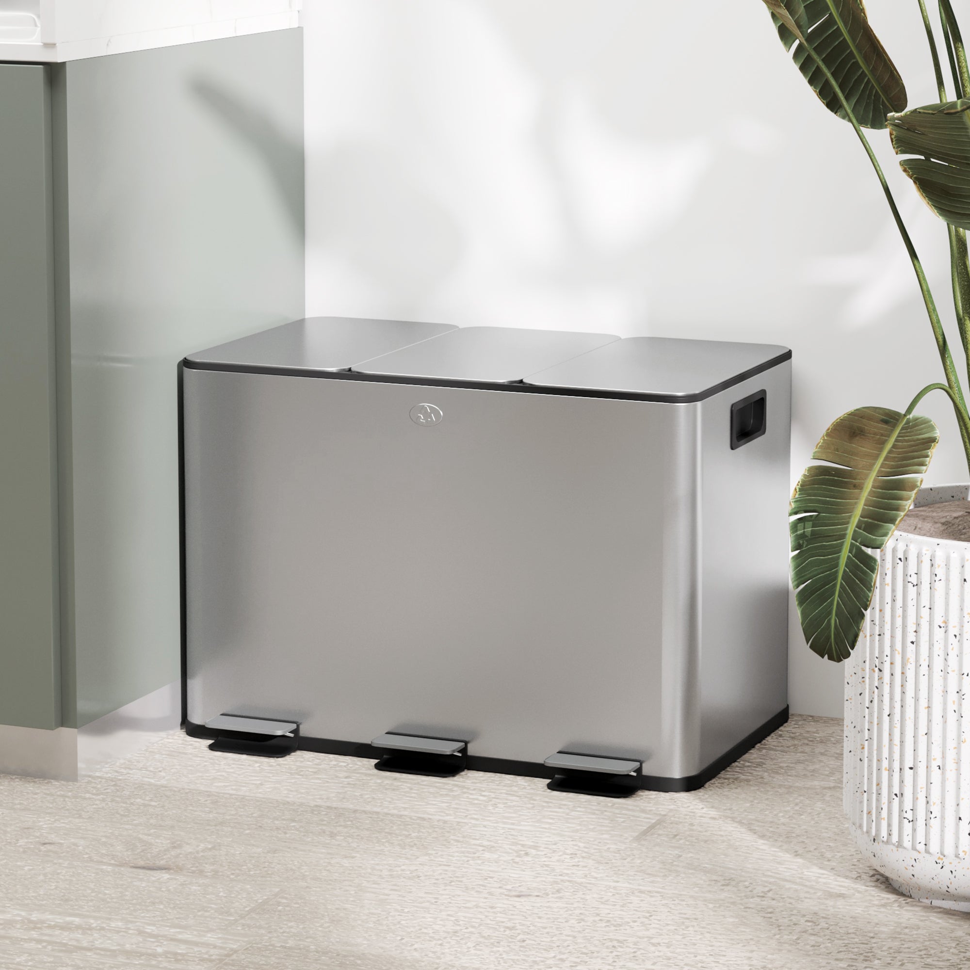 Kitchen Trash Can with 3 Compartments 3x10L Stainless Steel Kitchen Bin with Soft-Close Lids and Removable Bins for Recycling Waste Food Scraps Silver