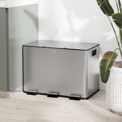 Kitchen Trash Can with 3 Compartments 3x10L Stainless Steel Kitchen Bin with Soft-Close Lids and Removable Bins for Recycling Waste Food Scraps Silver