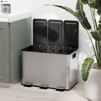 Kitchen Trash Can with 3 Compartments 3x10L Stainless Steel Kitchen Bin with Soft-Close Lids and Removable Bins for Recycling Waste Food Scraps Silver