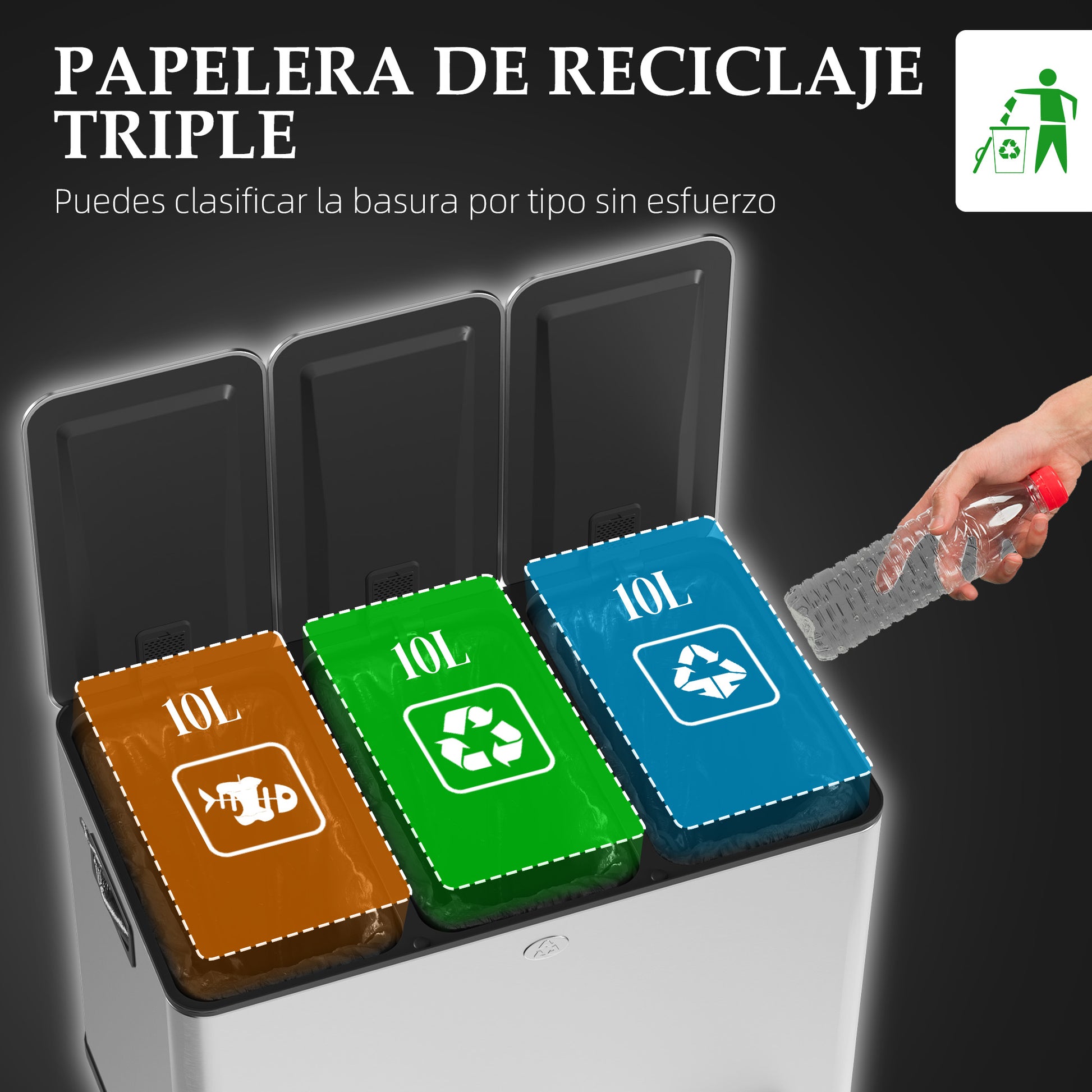 Kitchen Trash Can with 3 Compartments 3x10L Stainless Steel Kitchen Bin with Soft-Close Lids and Removable Bins for Recycling Waste Food Scraps Silver