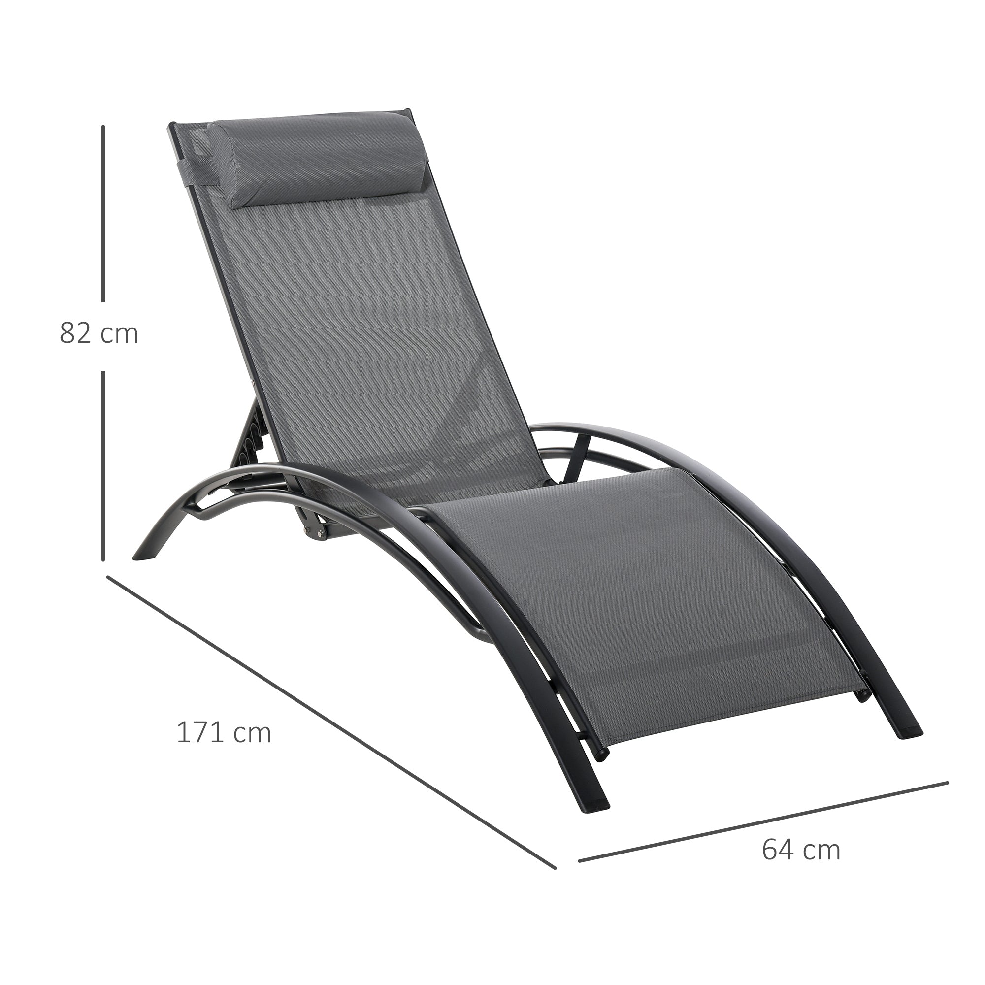 Contemporary Design Garden Sun Lounger Reclining Multi-Position Chair with Removable Headrest Aluminum Textilene dim. 171L x 64W x 82H cm Gray