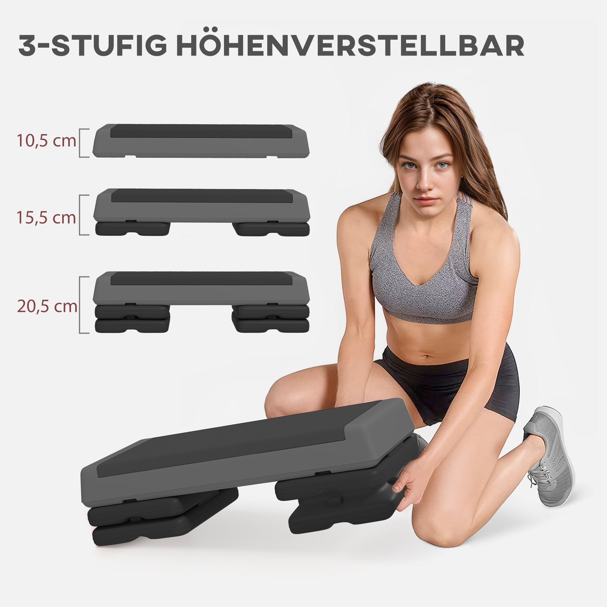 SPORTNOW Aerobic Stepper, 10.5/15.5/20.5cm Adjustable Step Board, Non-Slip, for Home, Fitness Studio, Office, Plastic, Gray