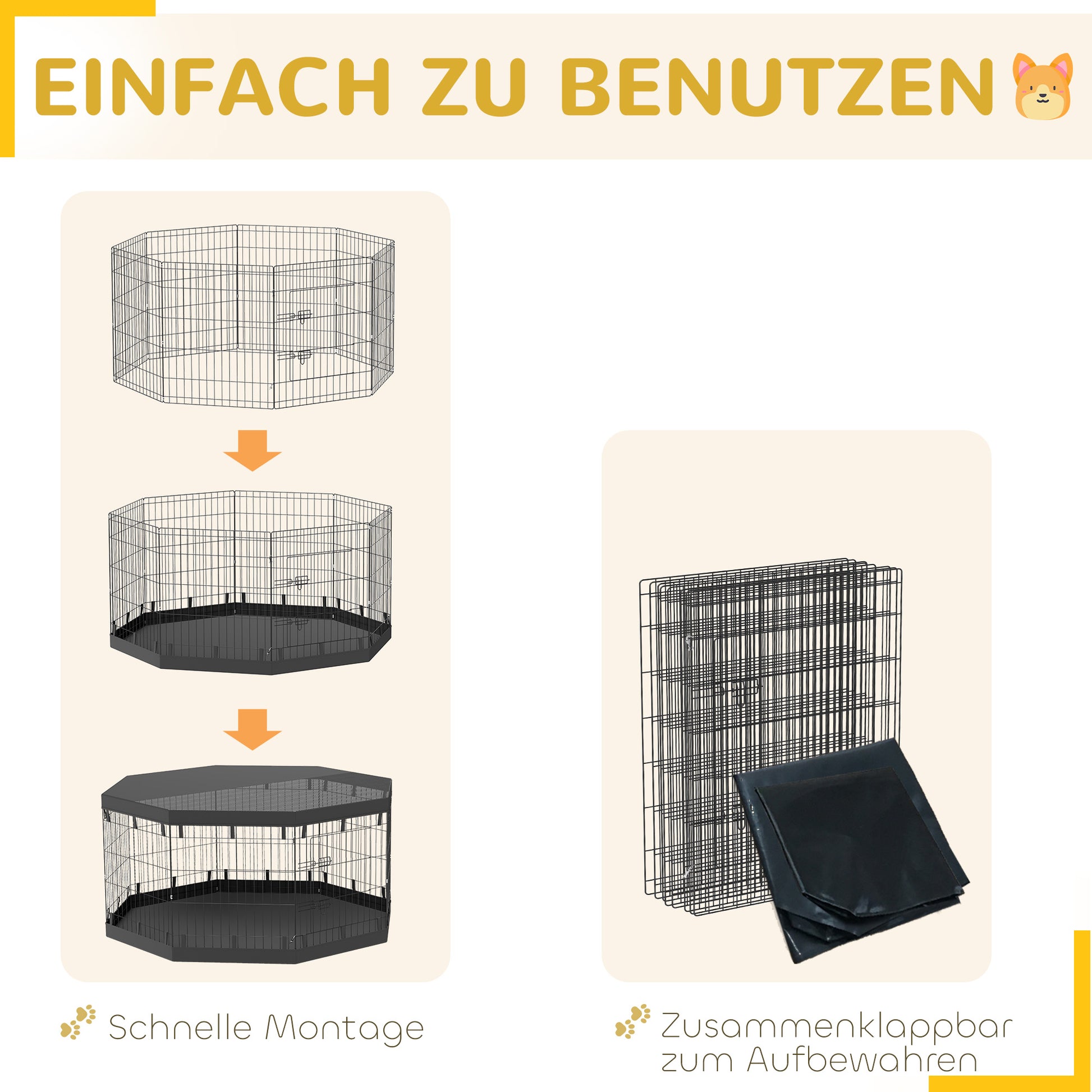 Puppy Playpen, Puppy Pen with Doors, Windows, Play Yard with Breathable Net, for small & medium dogs under 20 kg, Indoor & Outdoor, 159 x 159 x 76 cm, Black