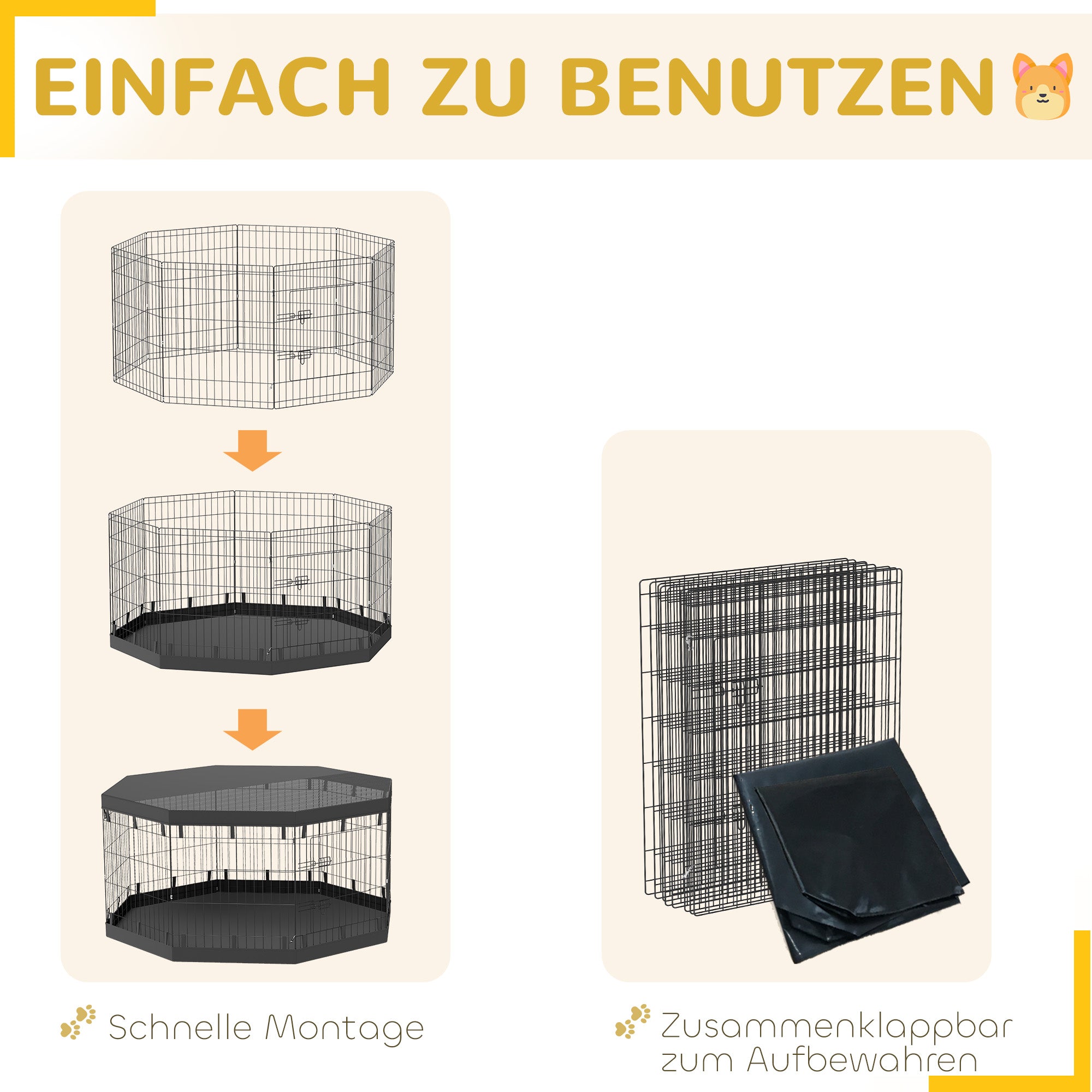 Puppy Playpen, Puppy Pen with Doors, Windows, Play Yard with Breathable Net, for small & medium dogs under 20 kg, Indoor & Outdoor, 159 x 159 x 76 cm, Black