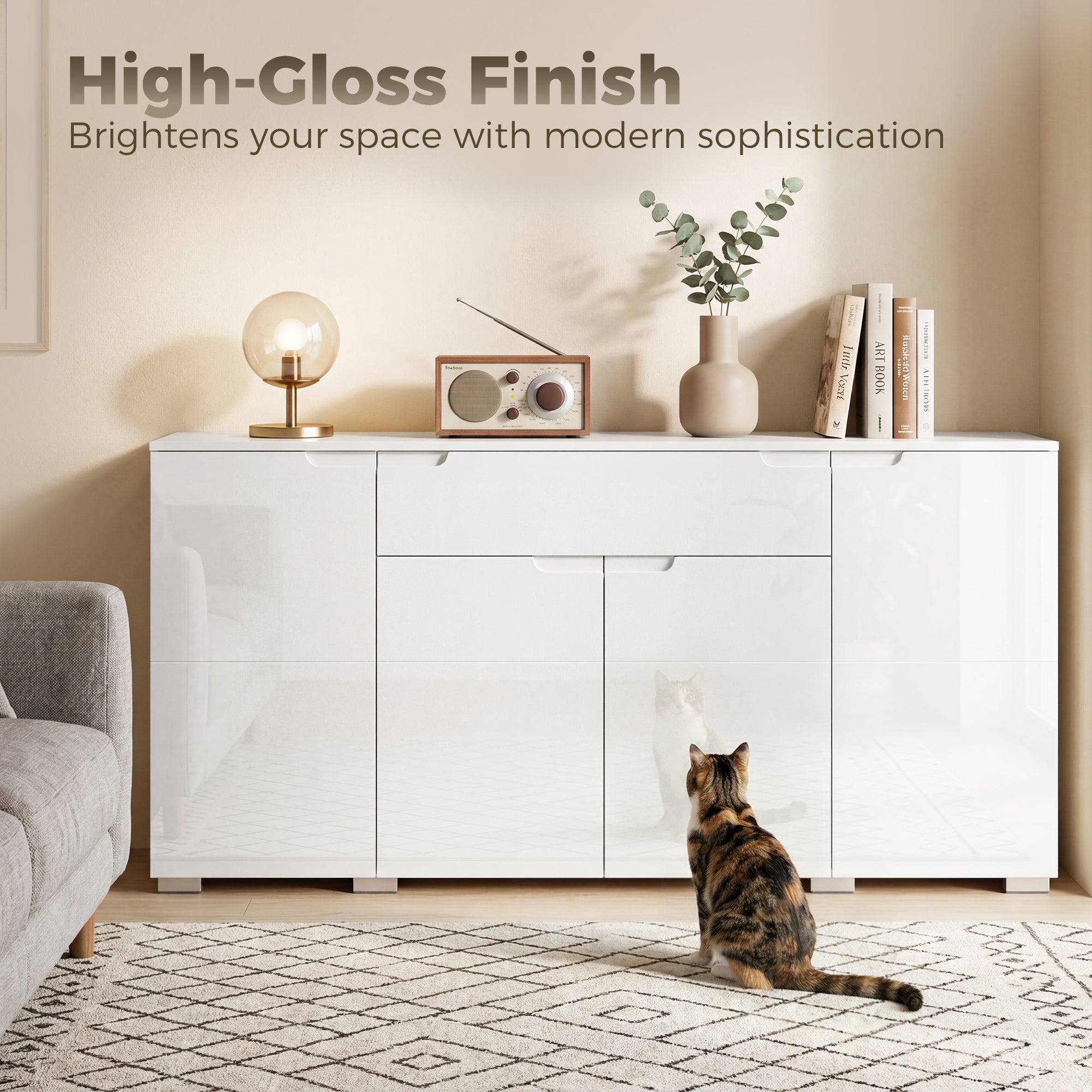 High-Gloss Sideboard — Modern 4-Door Buffet Cabinet with Adjustable Shelves & Soft-Close Doors, White