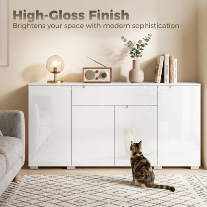 High-Gloss Sideboard — Modern 4-Door Buffet Cabinet with Adjustable Shelves & Soft-Close Doors, White