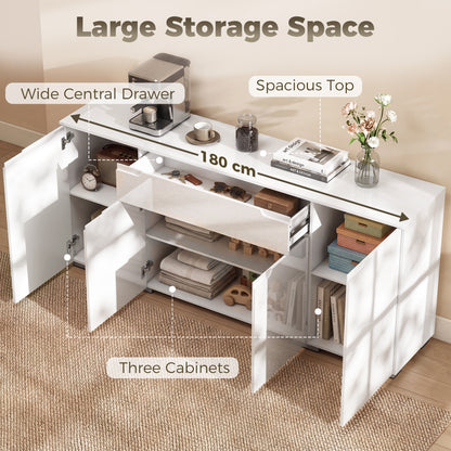 High-Gloss Sideboard — Modern 4-Door Buffet Cabinet with Adjustable Shelves & Soft-Close Doors, White