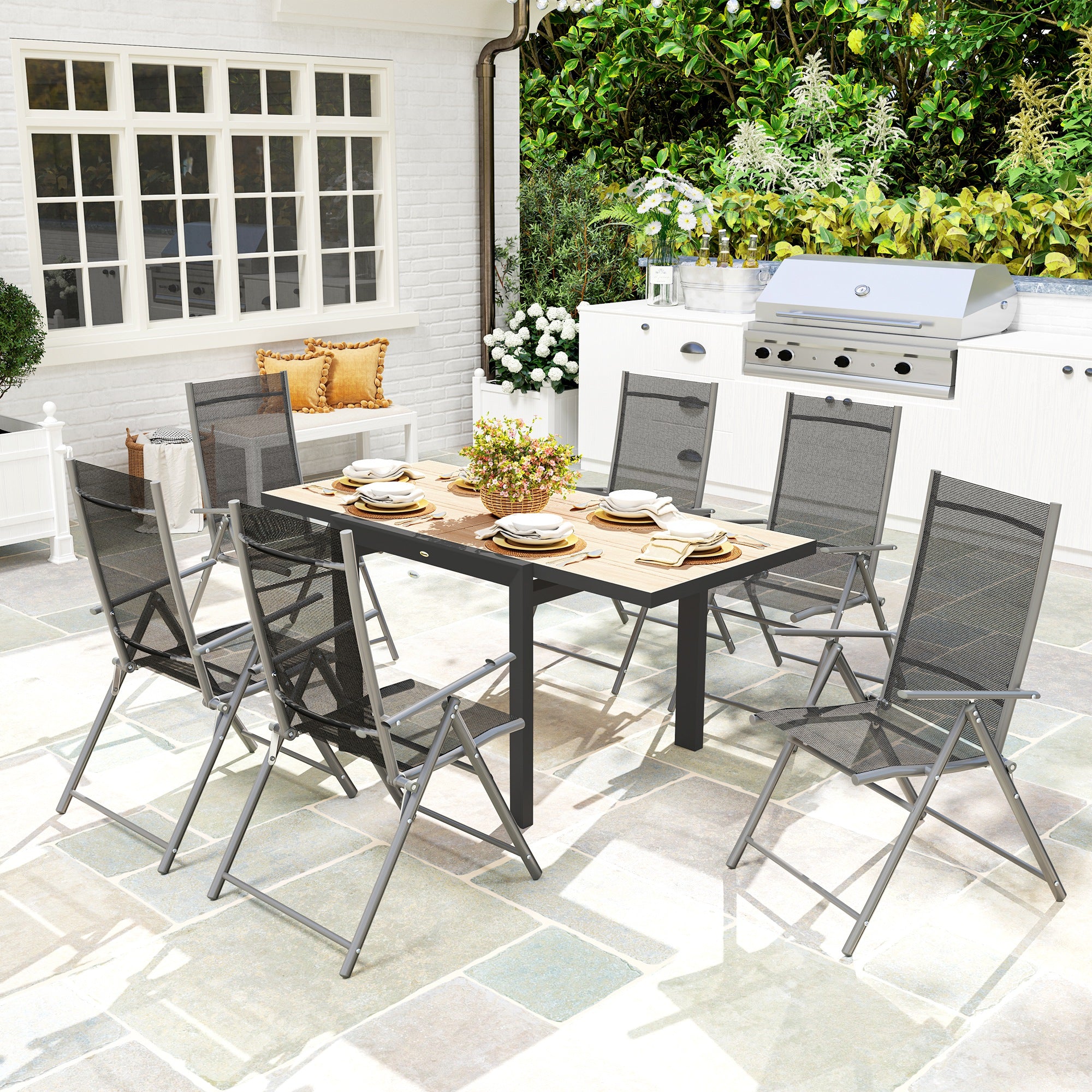 Extendable Aluminum Garden Table 80/160x80 cm Weatherproof Balcony Table Non-slip Buffet Table Camping Table for 6 People Terrace Table Outdoor Dining Table for Garden, Terrace Balcony Natural Wood