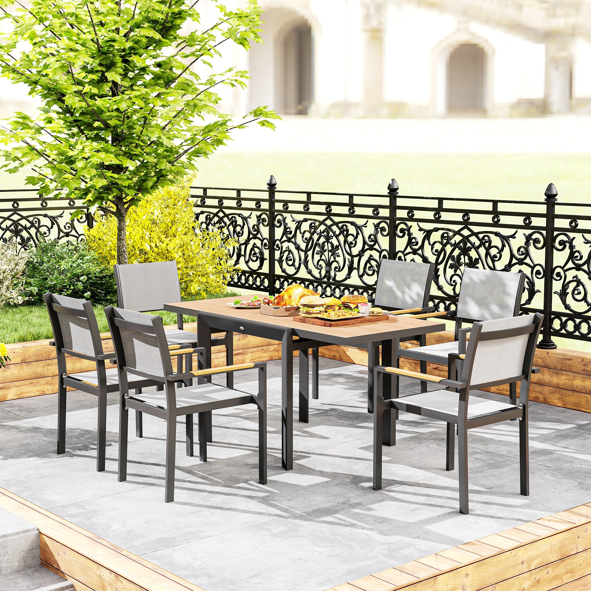 Extendable Aluminum Garden Table 80/160x80 cm Weatherproof Balcony Table Non-slip Buffet Table Camping Table for 6 People Terrace Table Outdoor Dining Table for Garden, Terrace Balcony Natural Wood